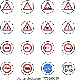 line vector icon set - turn right vector road sign, left, drawbridge, slippery, children, intersection, railway, attention, speed limit 40, 60, 100, no bus, truck overtake, customs, detour, toy