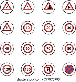 line vector icon set - turn right vector road sign, left, landslide, oncoming traffic, intersection, speed limit 10, 20, 30, 40, 60, 70, 80, 120, 130, no back, stop