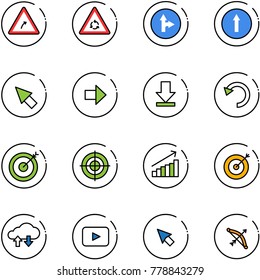 line vector icon set - turn right vector road sign, round motion, only forward, cursor, arrow, download, undo, target, growth, cloud exchange data, playback, bow