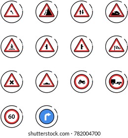 line vector icon set - turn left vector road sign, landslide, oncoming traffic, steep descent, pedestrian, intersection, side wind, railway, artificial unevenness, no moto, trailer, speed limit 60
