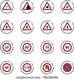 line vector icon set - turn right vector road sign, landslide, tractor way, airport, intersection, speed limit 20, 60, 70, 80, 90, 110, no back, stop