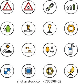 line vector icon set - turn right vector road sign, round motion, link, arrows up, arrow, winner, pennant, sun, reading, flip flops, forest, mobile phone, atom core, cpu, nut, moon lamp