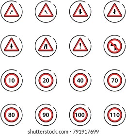 line vector icon set - turn right vector road sign, left, intersection, narrows, attention, no, speed limit 10, 20, 40, 70, 80, 90, 100, 110