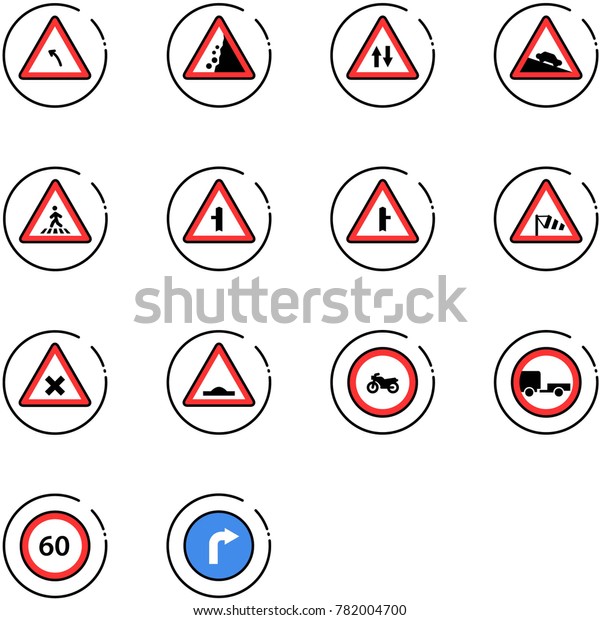 line vector icon set - turn left vector road sign,\
landslide, oncoming traffic, steep descent, pedestrian,\
intersection, side wind, railway, artificial unevenness, no moto,\
trailer, speed limit 60