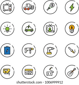 line vector icon set - tv vector, fork loader, money torch, lightning, bulb, electric car, news, business idea, battery, drill machine, soldering iron, jig saw, generator, welding, guitar