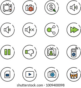 Line Vector Icon Set - Tv Vector, Camera, Money Click, Volume Medium, Low, Off, Share, Fast Forward, Pause, Dislike, News, Music Player, Sim, Playback, Drum