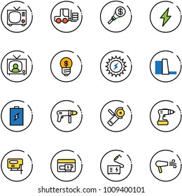 line vector icon set - tv vector, fork loader, money torch, lightning, news, business idea, sun power, water plant, battery, drill machine, Angular grinder, jig saw, generator, welding, dryer