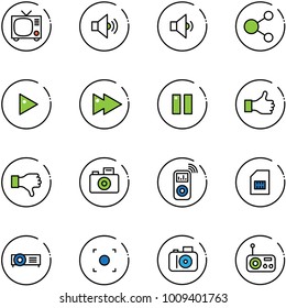 Line Vector Icon Set - Tv Vector, Volume Medium, Low, Share, Play, Fast Forward, Pause, Like, Dislike, Camera, Music Player, Sim, Projector, Record Button, Radio