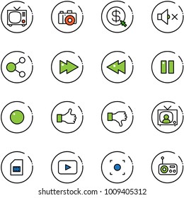 line vector icon set - tv vector, camera, money click, volume off, share, fast forward, backward, pause, record, like, dislike, news, sim, playback, button, radio