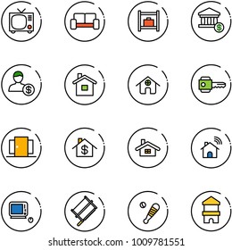 line vector icon set - tv vector, vip waiting area, baggage room, account, home, key, doors, dollar, wireless, monoblock pc, bucksaw, baseball bat, toy block house