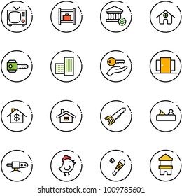 line vector icon set - tv vector, baggage room, account, home, key, building, hand, doors, dollar, saw, jointer, pipe welding, chicken toy, baseball bat, block house