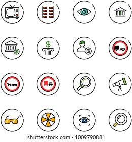 line vector icon set - tv vector, plane seats, eye, bank, account, no trailer road sign, cart horse, truck overtake, magnifier, telescope, sunglasses, parasol, scanner