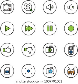 Line Vector Icon Set - Tv Vector, Money Click, Volume Medium, Low, Play, Fast Forward, Pause, Record, Like, Dislike, Camera, Music Player, Sim, Button, Drum