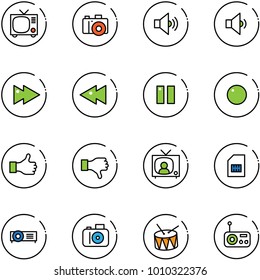 Line Vector Icon Set - Tv Vector, Camera, Volume Medium, Low, Fast Forward, Backward, Pause, Record, Like, Dislike, News, Sim, Projector, Drum, Radio