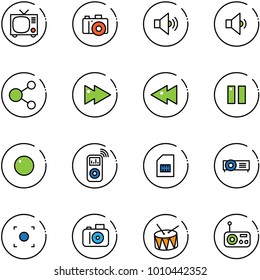 Line Vector Icon Set - Tv Vector, Camera, Volume Medium, Low, Share, Fast Forward, Backward, Pause, Record, Music Player, Sim, Projector, Button, Drum, Radio