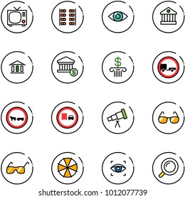 line vector icon set - tv vector, plane seats, eye, bank, account, no trailer road sign, cart horse, truck overtake, telescope, sunglasses, parasol, scanner, magnifier