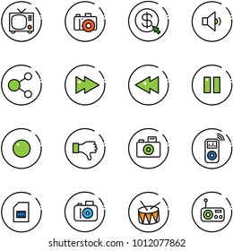 line vector icon set - tv vector, camera, money click, low volume, share, fast forward, backward, pause, record, dislike, music player, sim, drum, radio