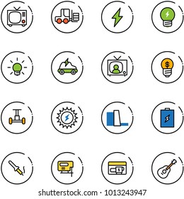 line vector icon set - tv vector, fork loader, lightning, idea, bulb, electric car, news, business, gyroscope, sun power, water plant, battery, soldering iron, jig saw, generator, guitar