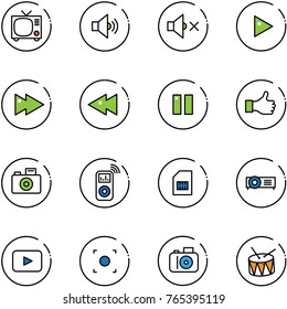 line vector icon set - tv vector, volume medium, off, play, fast forward, backward, pause, like, camera, music player, sim, projector, playback, record button, drum