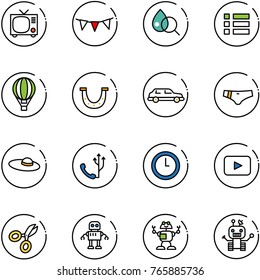 line vector icon set - tv vector, flag garland, blood test, menu, air balloon, luck, limousine, swimsuit, woman hat, phone, clock, playback, scissors, robot