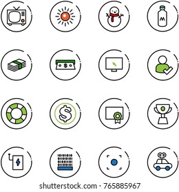 line vector icon set - tv vector, sun, snowman, milk, dollar, cash, monitor cursor, user check, lifebuoy, certificate, cup, power bank, binary code, record button, car toy