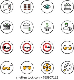 line vector icon set - tv vector, plane seats, eye, bank, account, no trailer road sign, cart horse, truck overtake, sunglasses, parasol, magnifier