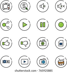 line vector icon set - tv vector, money click, low volume, off, share, play, pause, record, like, dislike, camera, sim, projector, playback, drum
