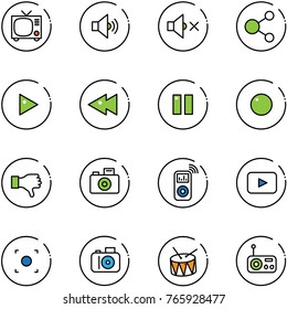 line vector icon set - tv vector, volume medium, off, share, play, fast backward, pause, record, dislike, camera, music player, playback, button, drum, radio