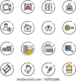 line vector icon set - tv vector, baggage room, fireplace, account, home, key, brick wall, hotel, sea, monoblock pc, bucksaw, chicken toy, baseball bat, block house