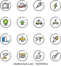 line vector icon set - tv vector, fork loader, money torch, lightning, idea, bulb, electric car, gyroscope, water power plant, milling cutter, drill machine, Angular grinder, generator, welding