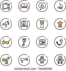 line vector icon set - tv vector, vip waiting area, merry christmas message, stomach, telescope, news, award, sunglasses, piston, terms plan, phone, scissors, dryer, robot
