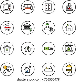 line vector icon set - tv vector, vip waiting area, baggage room, fireplace, house, account, home, key, news, hand, wireless, jointer, toy block