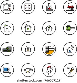 line vector icon set - tv vector, baggage room, fireplace, house, home, key, brick wall, hotel, wireless, monoblock pc, pipe welding, chicken toy, baseball bat