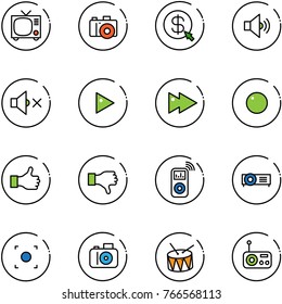 line vector icon set - tv vector, camera, money click, volume medium, off, play, fast forward, record, like, dislike, music player, projector, button, drum, radio
