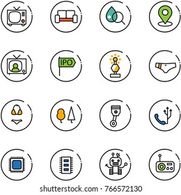 line vector icon set - tv vector, vip waiting area, blood test, map pin, news, ipo, award, swimsuit, forest, piston, phone, cpu, chip, robot, radio