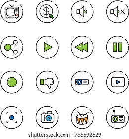 line vector icon set - tv vector, money click, low volume, off, share, play, fast backward, pause, record, dislike, projector, playback, button, camera, drum, radio