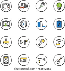 line vector icon set - tv vector, fork loader, money torch, idea, news, sun power, water plant, battery, milling cutter, drill machine, Angular grinder, multimeter, generator, dryer, guitar