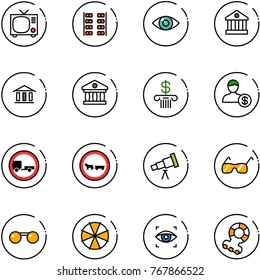 line vector icon set - tv vector, plane seats, eye, bank, account, no trailer road sign, cart horse, telescope, sunglasses, parasol, scanner, teethers