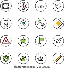line vector icon set - tv vector, radar, plane, heart, tooth, stopwatch, account, main road sign, multi lane traffic, star, flag, paper, gear, group, home, ruler