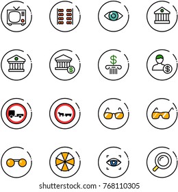 line vector icon set - tv vector, plane seats, eye, bank, account, no trailer road sign, cart horse, sunglasses, parasol, scanner, magnifier