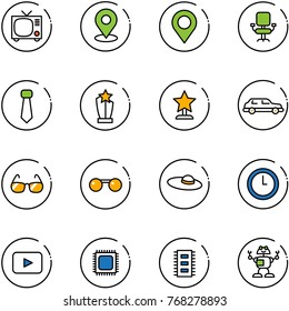 line vector icon set - tv vector, map pin, office chair, tie, award, limousine, sunglasses, woman hat, clock, playback, cpu, chip, robot