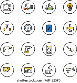 line vector icon set - tv vector, fork loader, electric car, business idea, gyroscope, sun power, battery, milling cutter, drill machine, multimeter, soldering iron, jig saw, generator, welding