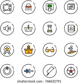 line vector icon set - tv vector, shower, atm, statistics report, volume medium, basket, chess tower, contact book, star medal, sand fort, sunglasses, surfing, standby button, connect, metal hacksaw