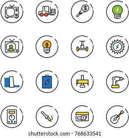 line vector icon set - tv vector, fork loader, money torch, idea, news, business, gyroscope, sun power, water plant, battery, milling cutter, drill, multimeter, soldering iron, generator, guitar