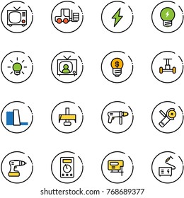 line vector icon set - tv vector, fork loader, lightning, idea, bulb, news, business, gyroscope, water power plant, milling cutter, drill machine, Angular grinder, multimeter, jig saw, welding