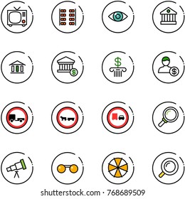 line vector icon set - tv vector, plane seats, eye, bank, account, no trailer road sign, cart horse, truck overtake, magnifier, telescope, sunglasses, parasol