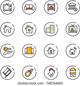 line vector icon set - tv vector, vip waiting area, baggage room, account, home, building, news, key hand, doors, dollar, wireless, bucksaw, side cutters, chicken toy, block house