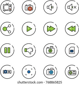 line vector icon set - tv vector, camera, low volume, off, share, play, fast forward, backward, pause, dislike, sim, projector, record button, radio