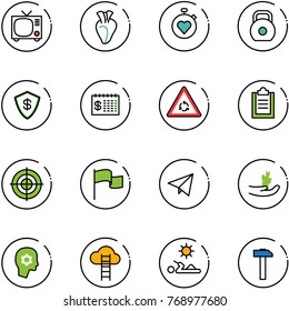 line vector icon set - tv vector, heart, stopwatch, weight, safe, finance calendar, round motion road sign, clipboard, target, flag, paper fly, hand sproute, brain work, cloud ladder, reading