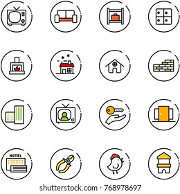 line vector icon set - tv vector, vip waiting area, baggage room, fireplace, house, home, brick wall, building, news, key hand, doors, sea hotel, side cutters, chicken toy, block